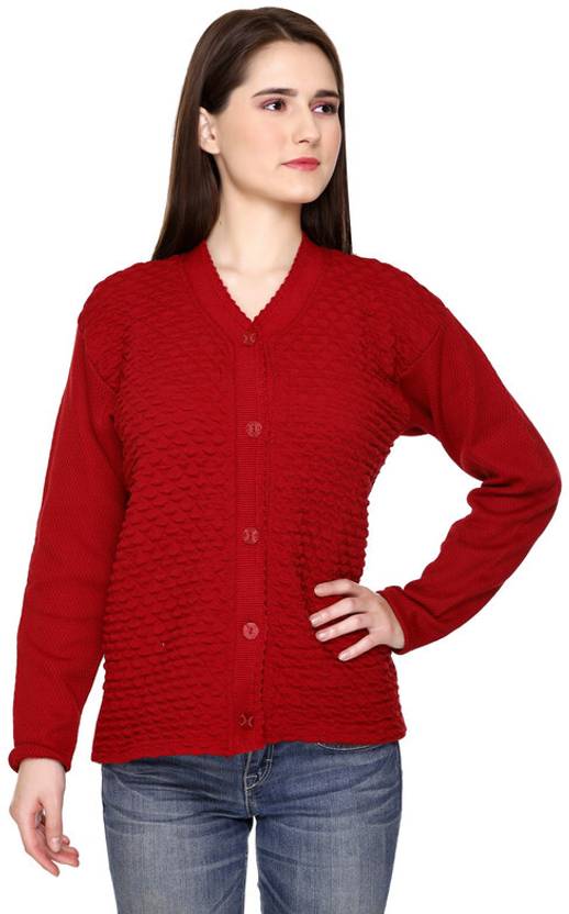 Afronaut Self Design V Neck Casual Women Maroon Sweater
