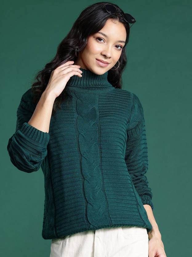 Dressberry Women Self Design Turtle Neck Green Sweater