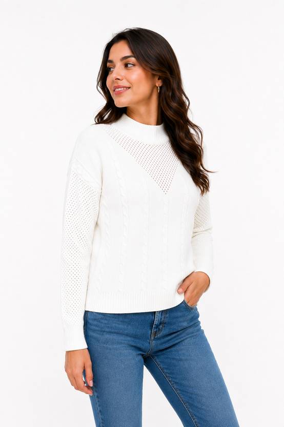 Lasoon Women Self Design High Neck White Sweater
