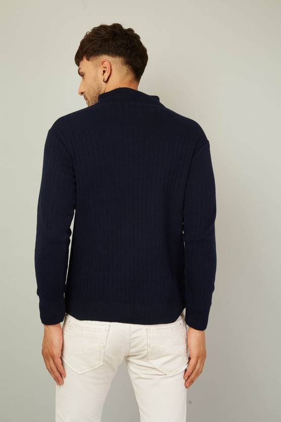 Men Solid High Neck Dark Blue Sweater