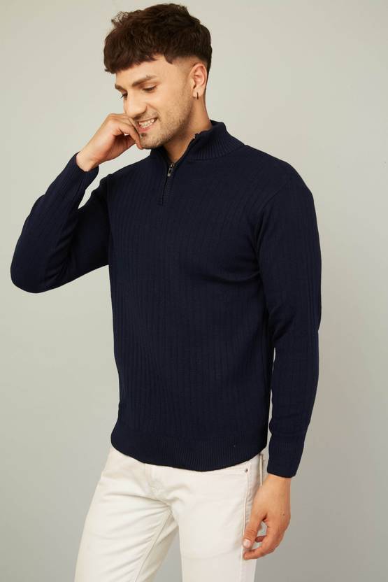 Men Solid High Neck Dark Blue Sweater