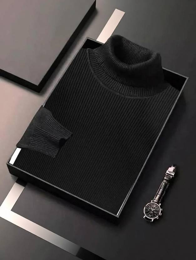 FASHLOOK Solid Men High Neck Black T-Shirt