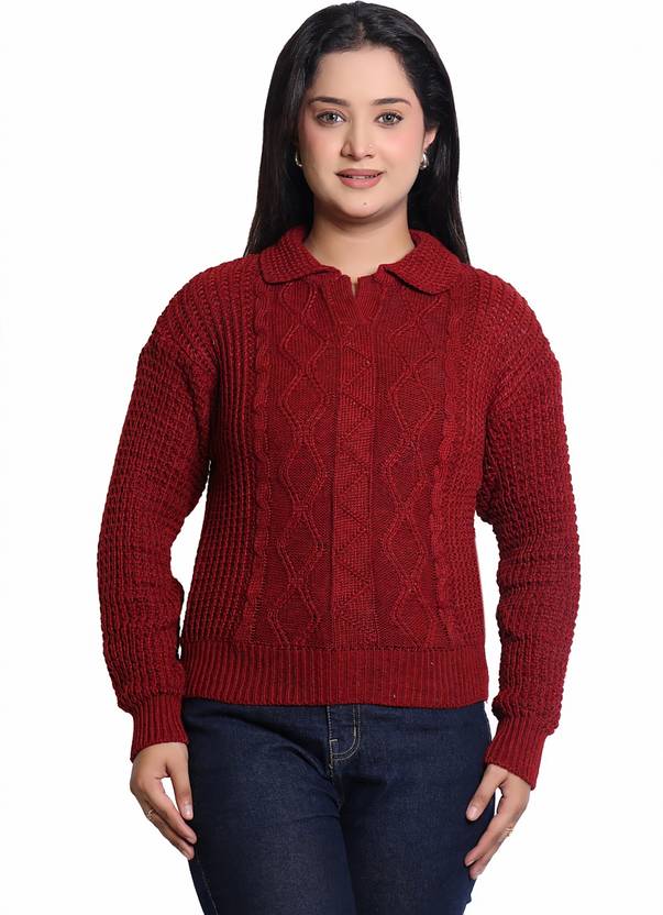 BEAUTIKA Women Self Design Boat Neck Red Sweater