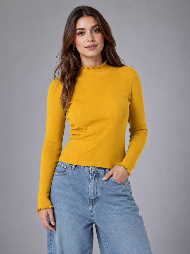 Tanushk Women Solid High Neck Yellow Sweater