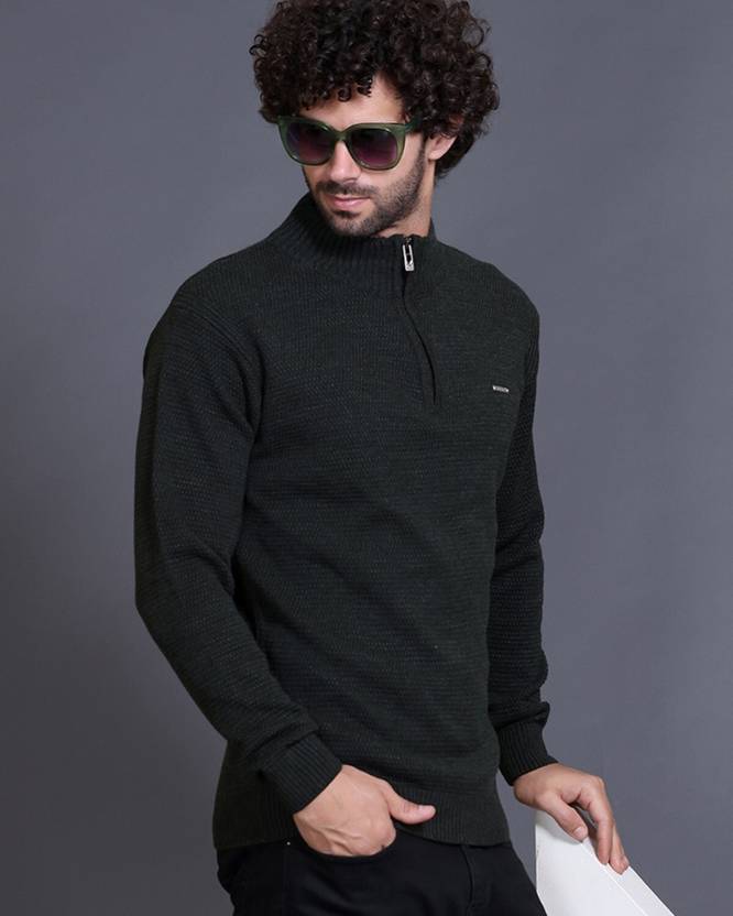 GODFREY Men Solid High Neck Dark Green Sweater