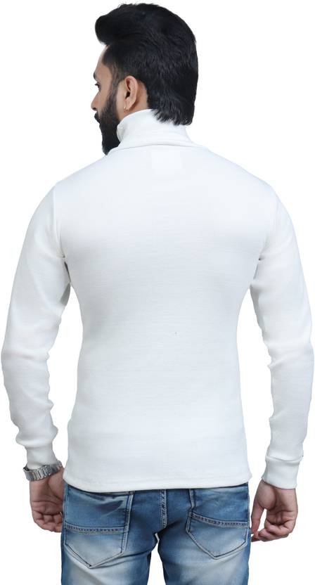 Men Solid High Neck White Sweater