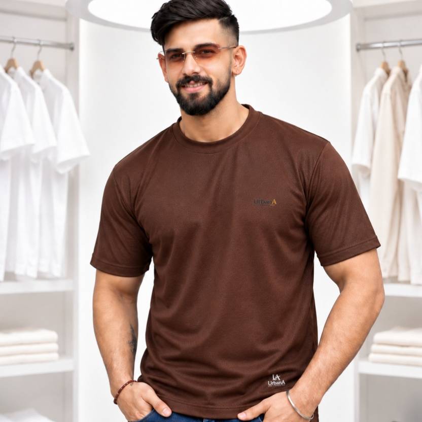 UrbanA Lifestyle Solid Men Round Neck Brown T-Shirt