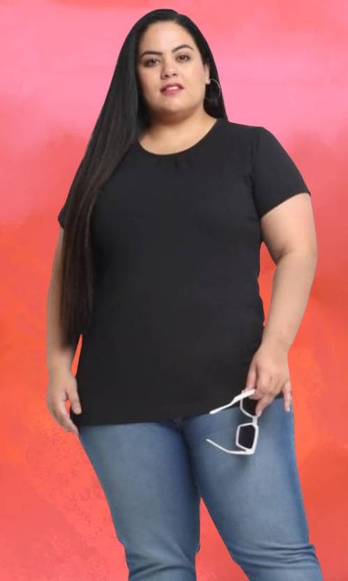 ANUBHAVGARMENT Women Solid Round Neck Pure Cotton Black T-Shirt