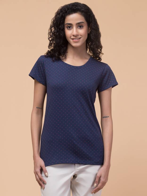 Hive91 Printed Women Round Neck Dark Blue T-Shirt
