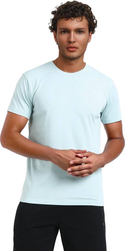 FCUK Men Solid Crew Neck Cotton Blend Light Blue T-Shirt