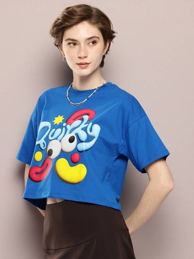 Kook N Keech Women Printed Round Neck Cotton Blend Blue T-Shirt