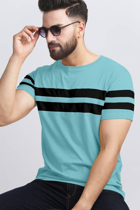 Men Striped Round Neck Cotton Blend Light Blue, Black T-Shirt