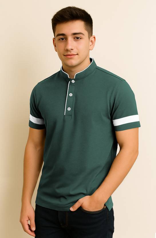 KEESOR Men Solid Mandarin Collar Cotton Blend Green T-Shirt