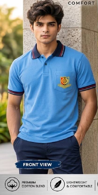 Mango Fashion Men Embroidered Polo Neck Polyester Light Blue T-Shirt