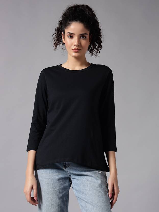 CHEMISTRY Women Solid Round Neck Pure Cotton Black T-Shirt