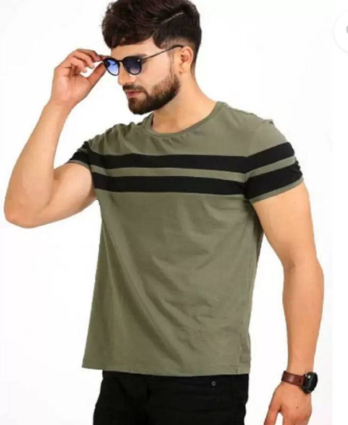 Farccilu Men Colorblock Round Neck Polyester Dark Green T-Shirt