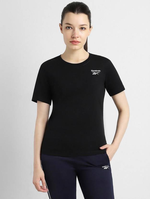 REEBOK Women Solid Round Neck Pure Cotton Black T-Shirt