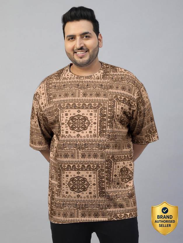 Veirdo Plus Size Men Printed Round Neck Pure Cotton Beige T-Shirt