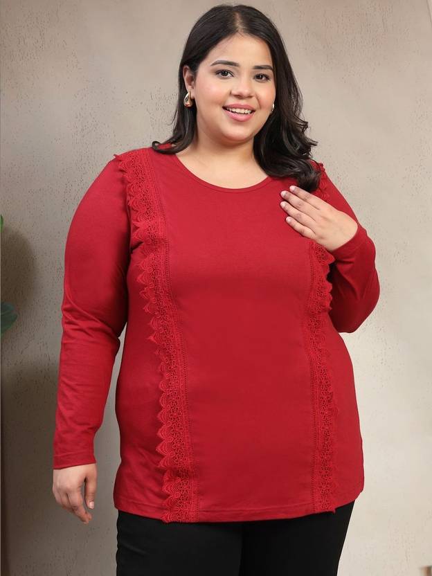 PLUSS Women Self Design Round Neck Pure Cotton Red T-Shirt