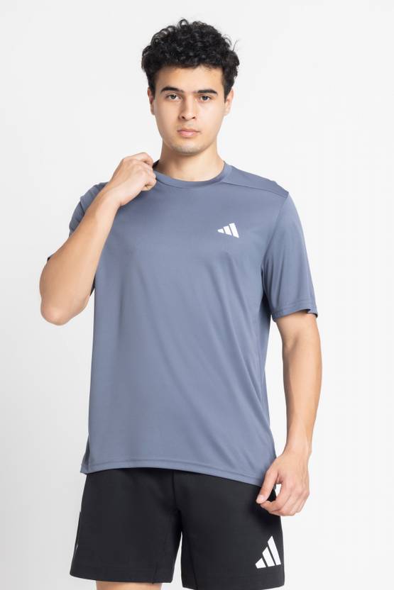 ADIDAS Men Solid Crew Neck Polyester Blue T-Shirt