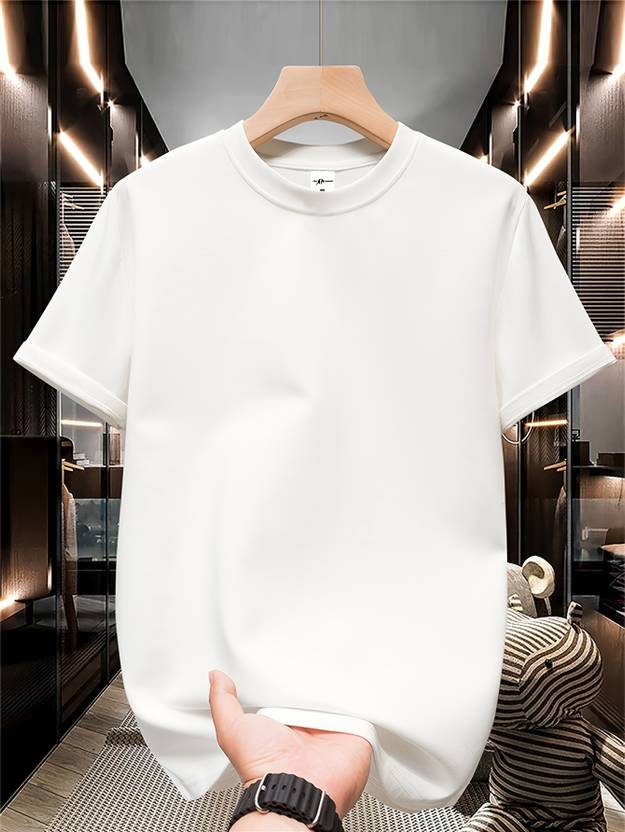 Asta Moda Men Solid Round Neck Cotton Blend White T-Shirt
