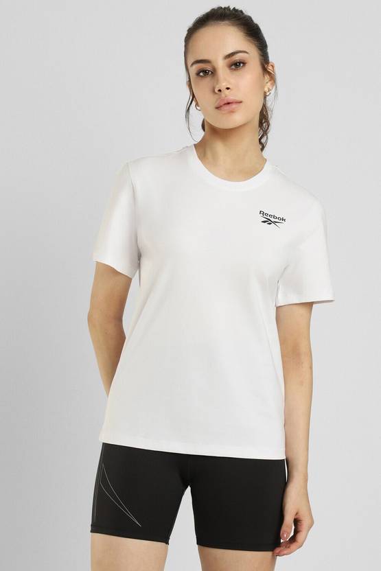 REEBOK Women Printed Round Neck Cotton Blend White T-Shirt
