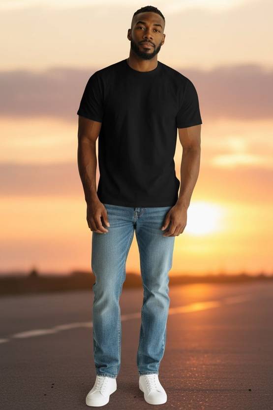 Bibain Men Washed Round Neck Reversible Polyester Black T-Shirt