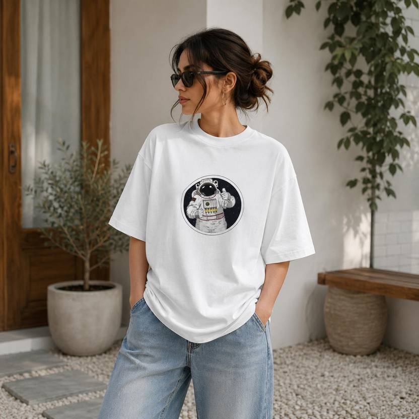 TeeVybe Women Printed Round Neck Cotton Blend White T-Shirt