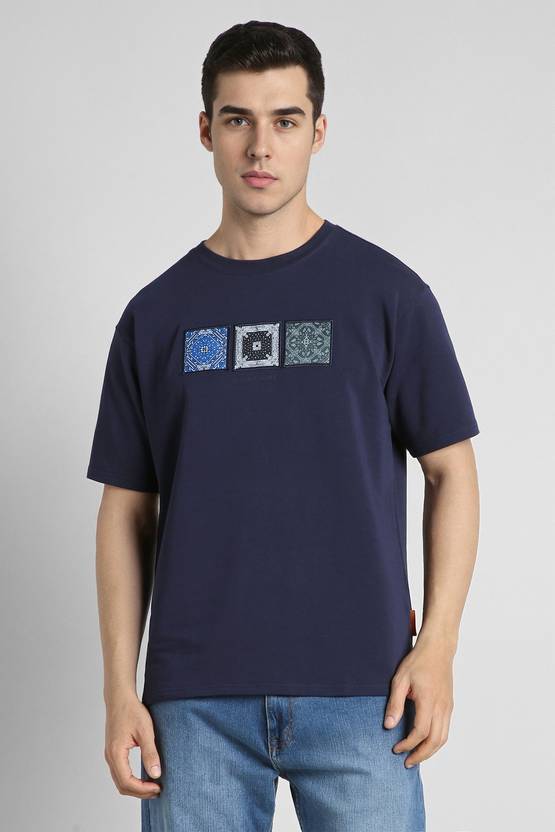 Simon Carter London Men Graphic Print Crew Neck Cotton Blend Dark Blue T-Shirt