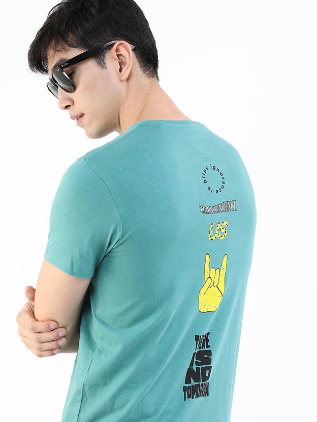 HIGHLANDER Men Printed Round Neck Pure Cotton Blue T-Shirt