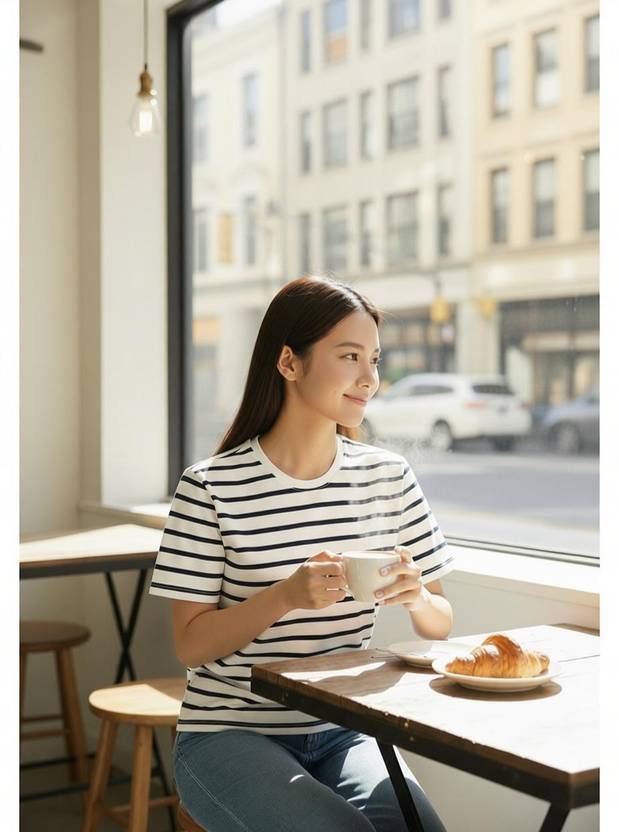 Baeship studio Women Striped Round Neck Reversible Cotton Blend White, Black T-Shirt
