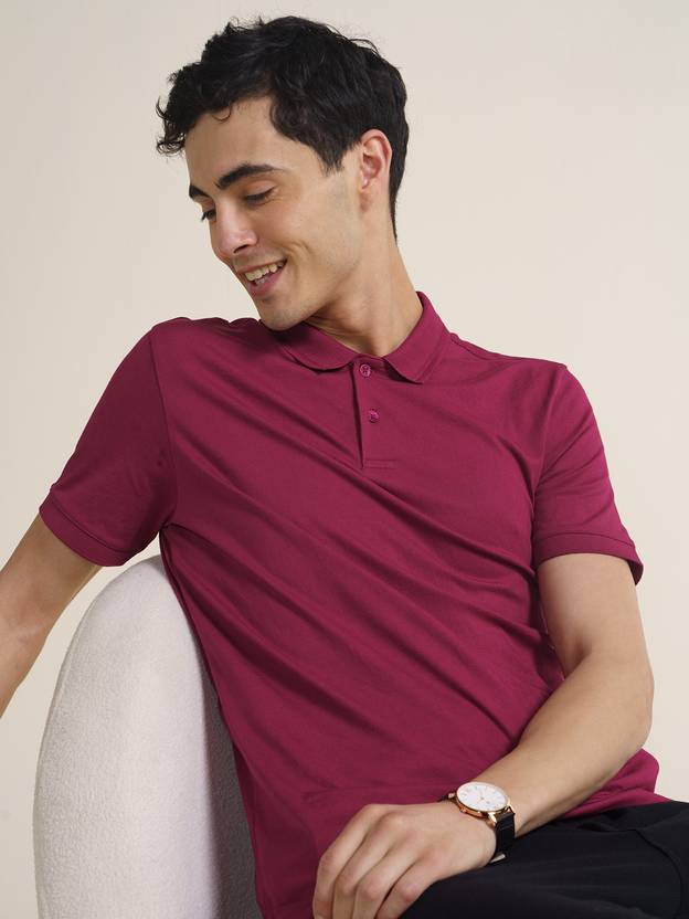 Regular Fit Half Sleeve 2 Button Men Solid Polo Neck Cotton Blend Maroon T-Shirt