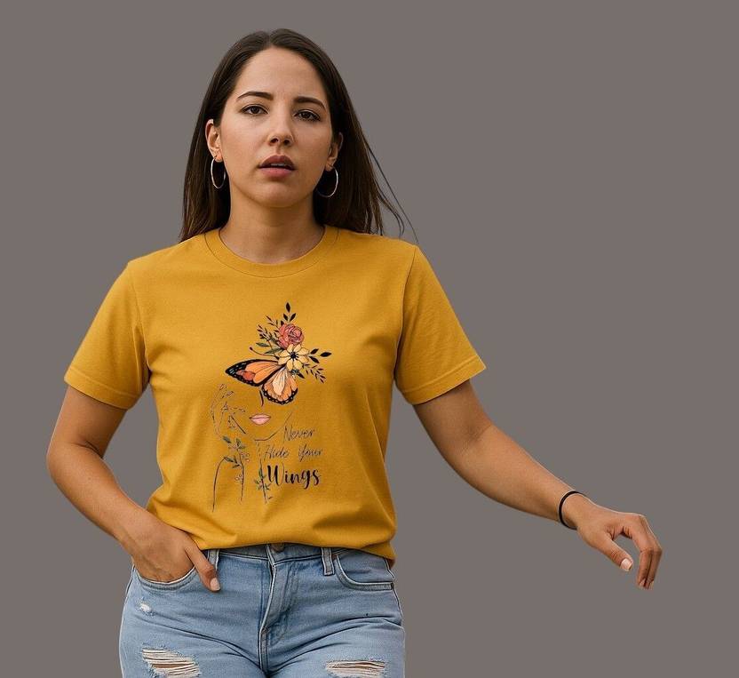 Attirea Women Graphic Print Round Neck Polyester Yellow T-Shirt