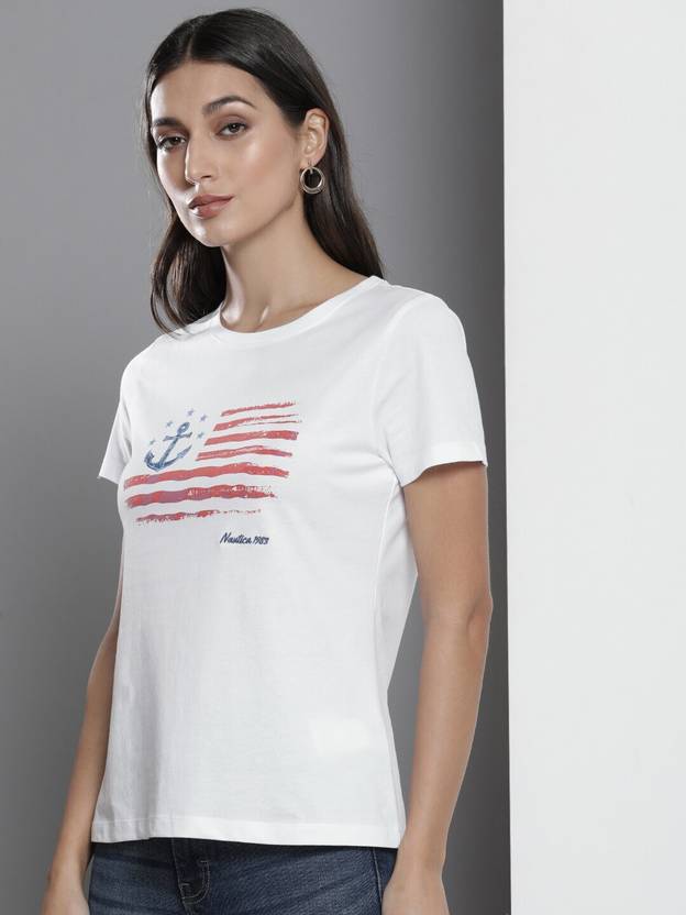 NAUTICA Printed Women Round Neck White T-Shirt