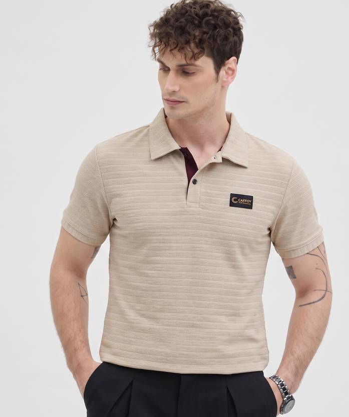 Bairagi Men Self Design Polo Neck Cotton Blend Beige T-Shirt