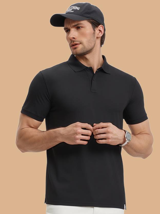 RENUOVO Solid Men Polo Neck Black T-Shirt