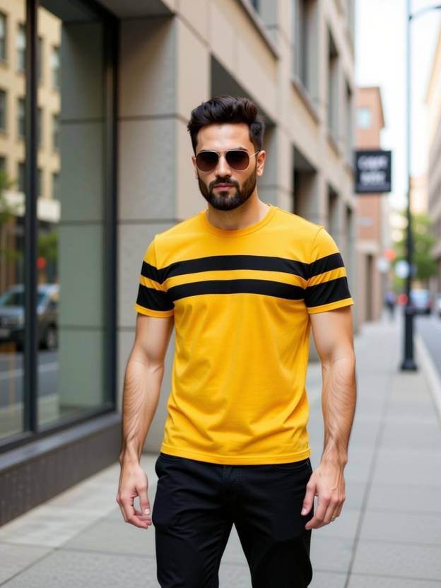 Farccilu Men Striped Round Neck Polyester Yellow, Dark Green T-Shirt