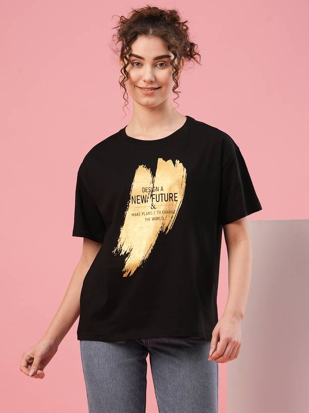 Globus Women Typography Round Neck Pure Cotton Black T-Shirt