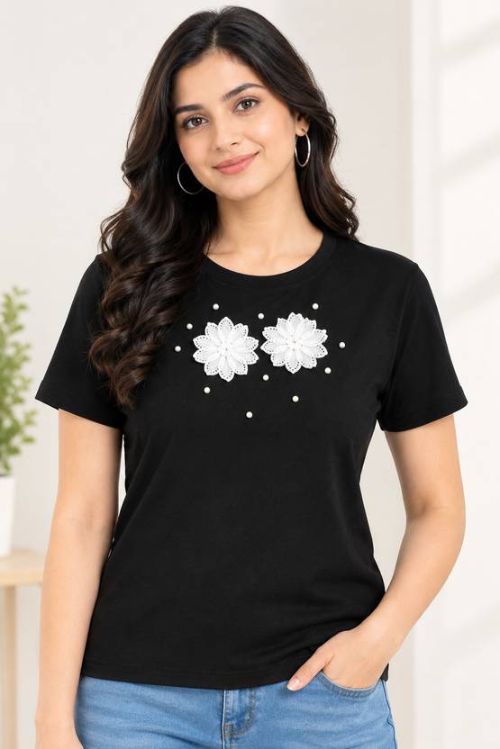 OPENLY Women Embroidered, Solid Round Neck Pure Cotton Black T-Shirt