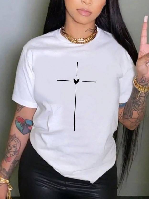 FLYEZEE Women Graphic Print Round Neck Polyester White T-Shirt