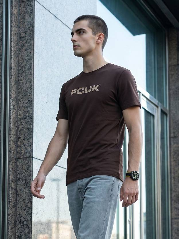 FCUK Men Printed Round Neck Pure Cotton Brown T-Shirt