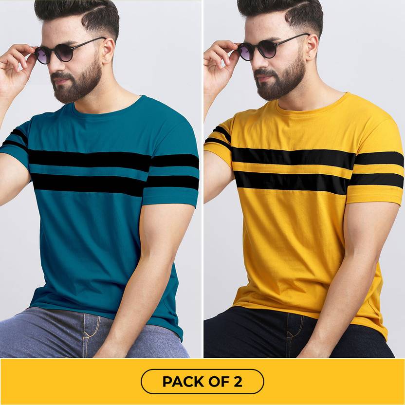 Pack of 2 Men Colorblock Round Neck Cotton Blend Dark Blue, Black, Yellow T-Shirt