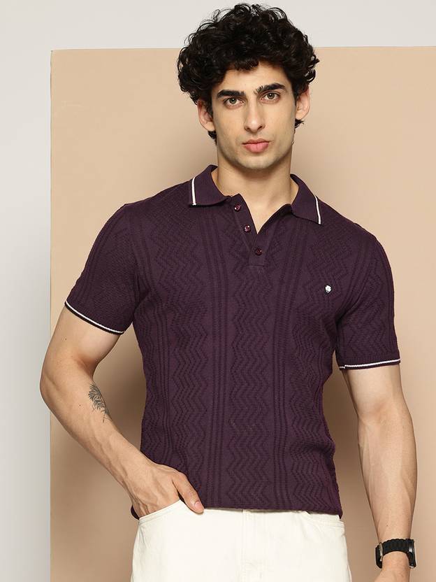 CLAPTON Men Self Design Polo Neck Cotton Blend Purple T-Shirt
