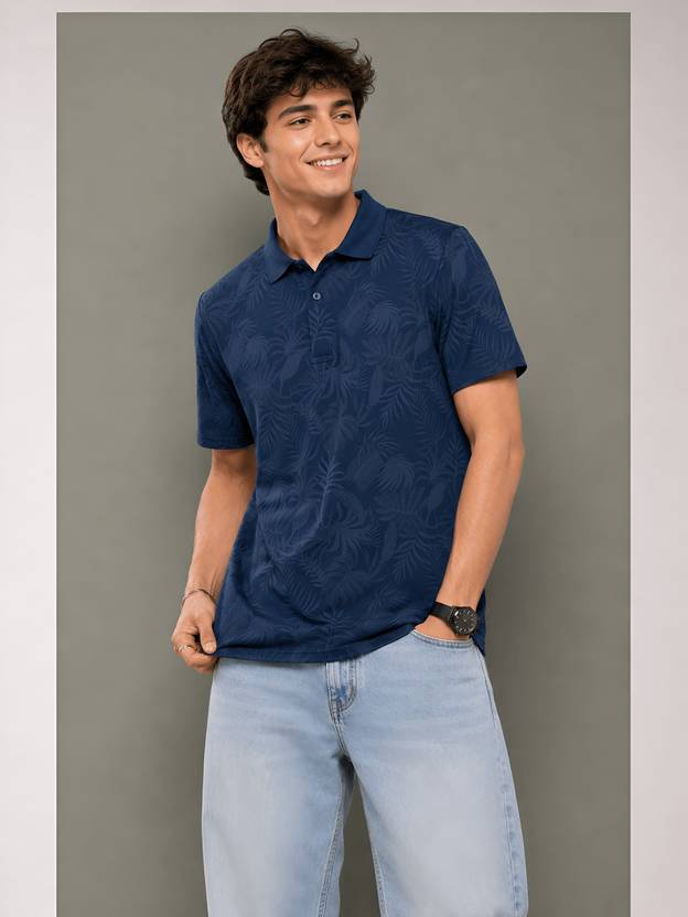 Kook N Keech Printed Men Polo Neck Navy Blue T-Shirt