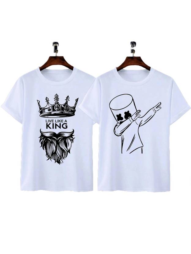 TIGERSNAKE Pack of 2 Men Printed Round Neck Polycotton White T-Shirt