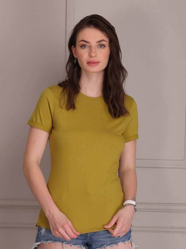 TITTLI Solid Women Round Neck Yellow T-Shirt