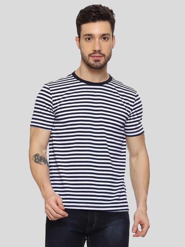 MISCHIEF Monkey Striped Men Round Neck Navy Blue T-Shirt