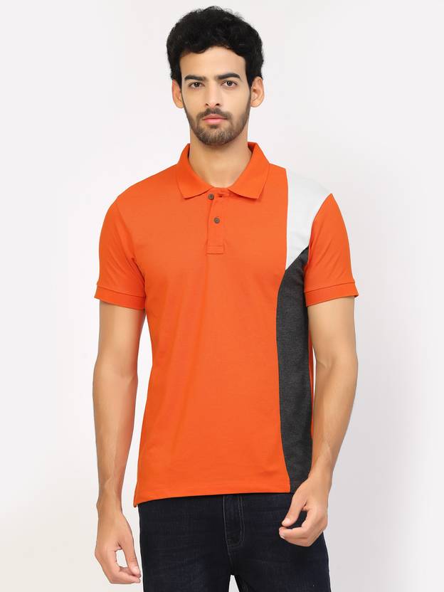 KALT Colorblock Men Polo Neck Orange T-Shirt