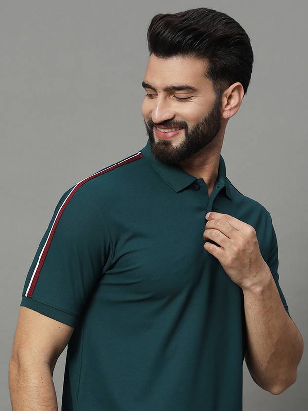 RENUOVO Men Solid Polo Neck Polyester Dark Green T-Shirt