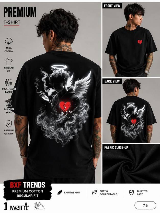 BXF Men Printed Round Neck Pure Cotton Black T-Shirt